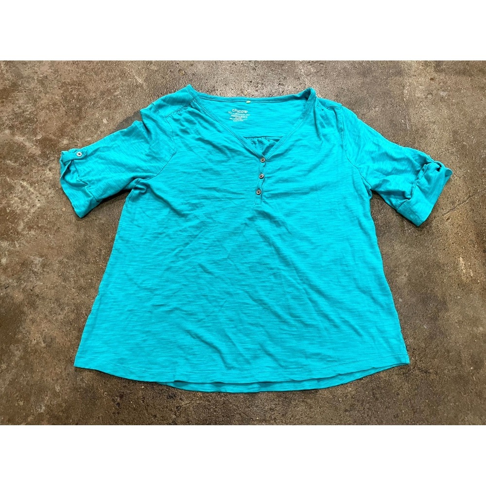 Chico's Ultimate Tee Top Womens L Turquoise Cotton Henley‎ Neck Roll Tab Sleeve